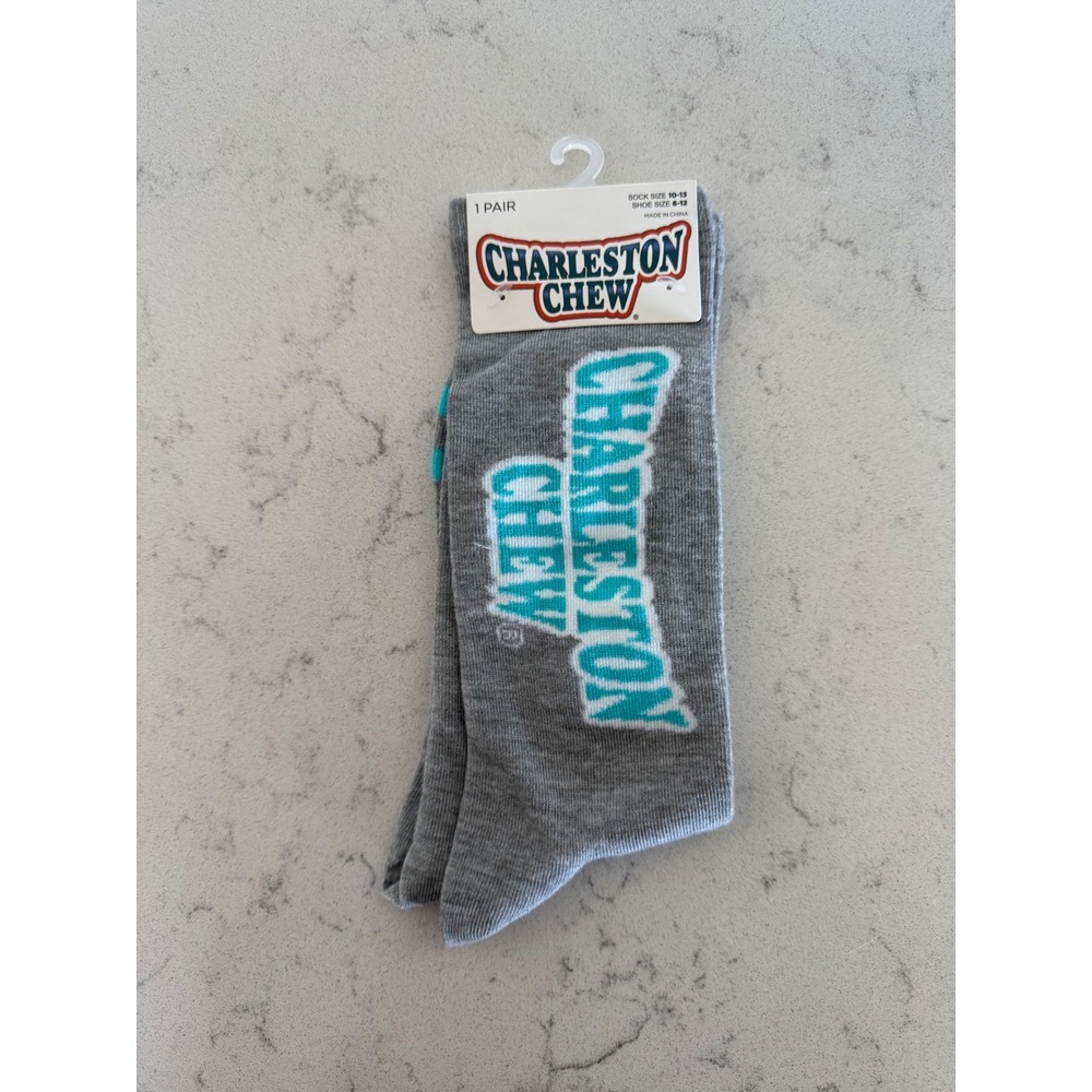 Charleston Chew Mens Crew Socks Heather Gray Teal Candy Logo Size 6-12 NWT